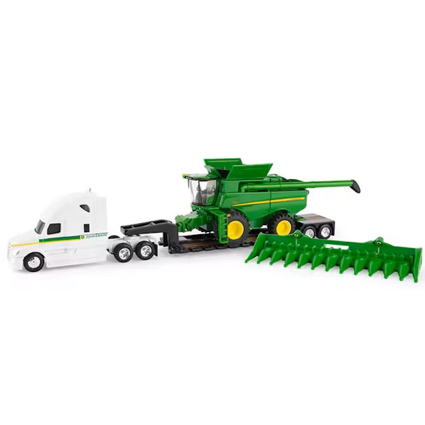 John Deere S780 Combine Harvester, with Freightliner Semi and Lowboy Trailer Playset